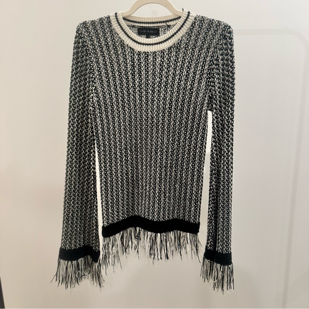 Free the Roses Black and White Fringe Sweater
